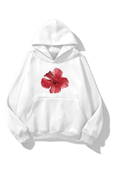 Trendseninle Unisex Hibiscus Baskılı Kapüşonlu Sweatshirt Hoodie Beyaz