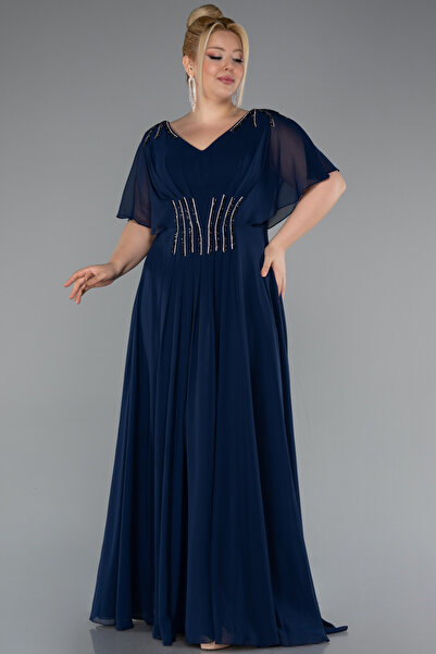 Abiyefon Lacivert Kısa Kol V Yaka Şifon Uzun Büyük Beden Abiye ABU5159