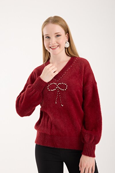 Moda Days Women's Burgundy V-Neck Stone and Pearl Embroidered Knitwear Sweater