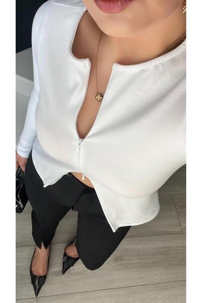 Oslove White long sleeve blouse with zipper detail