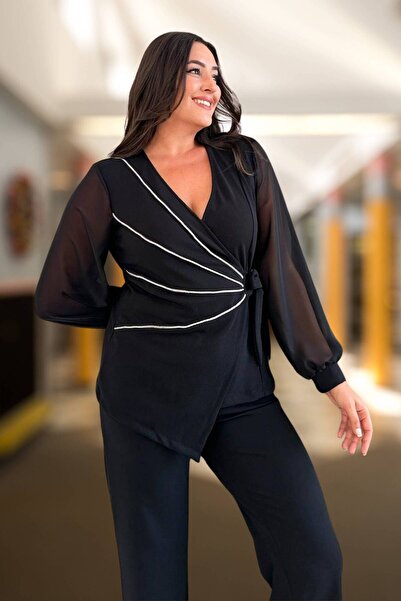 Moda Amore Stylish and Modern Plus Size Black Evening Dress Set - White Stripe Detail 027