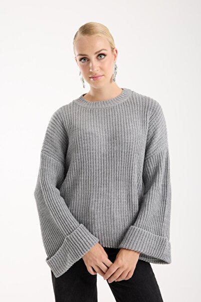 Moda Days Women's Gray Glitter Crew Neck Thessaloniki Knitwear Sweater