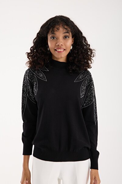 Moda Days Women's Black Half Turtleneck Shoulder Stone Embroidered Knitwear Sweater
