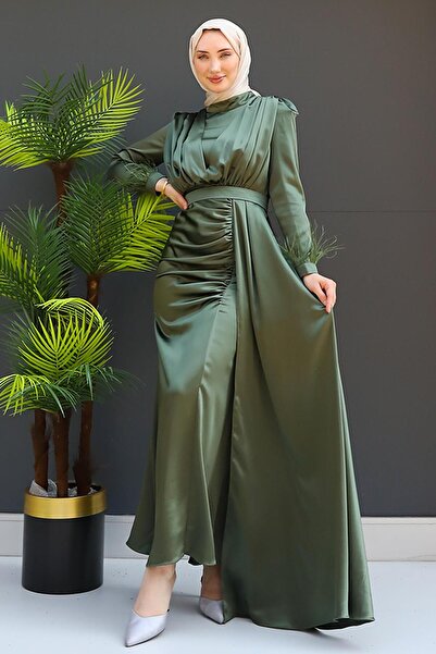 GİYZAMİLA Feathered Satin Hijab Dress Khaki