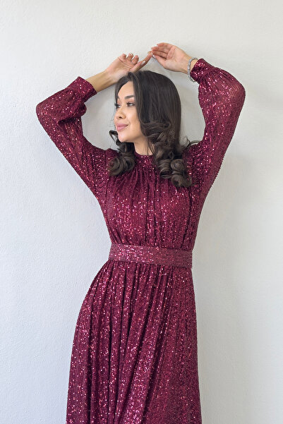 thezkscom Kadın Pul Payet Büzgü Detay Kemerli Maxi Abiye Elbise Siyah, Bej, Lacivert, Kırmızı, Bordo, Krem