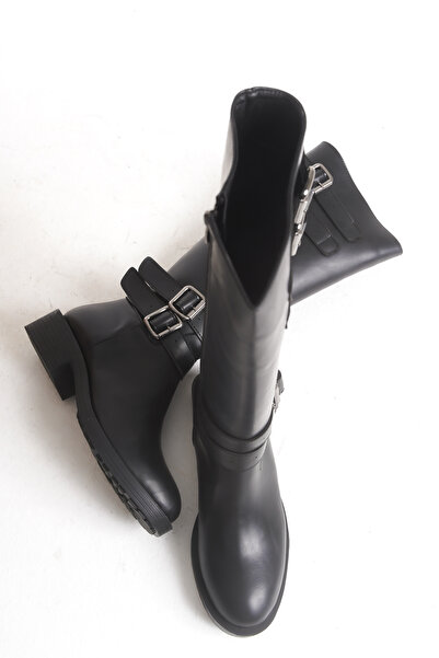 Solo Bag Δερμάτινες μπότες νέας σεζόν με λεπτομέρεια με αγκράφα, κομψό στυλ, καθημερινή άνετη εφαρμογή, μαύρες μπότες