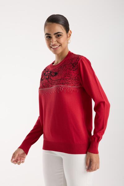 Moda Days Women's Red Crew Neck Stone Embroidered Knitwear Sweater