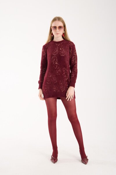 Moda Days Women's Burgundy Crew Neck Leaf Patterned Knitwear Sweater