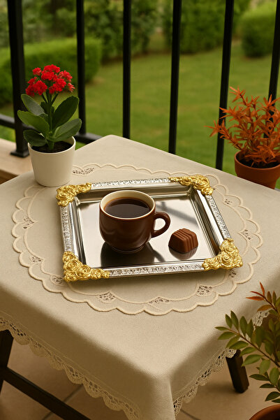 EvLight Silver Serving Tray with Single Gold Corner Detail – Luxurious Presentation Tray