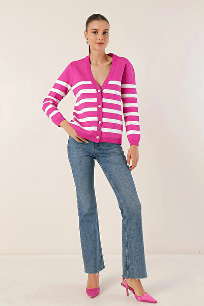 hazelin Women's Pink Striped V-Neck Relaxed Fit Knitwear Cardigan Hzl25W-Bd1102151