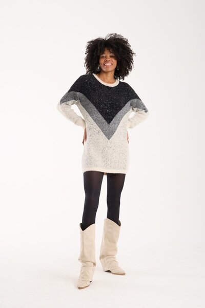 Moda Days Women's Ecru Two-Tone Crew Neck Glitter Knit Sweater