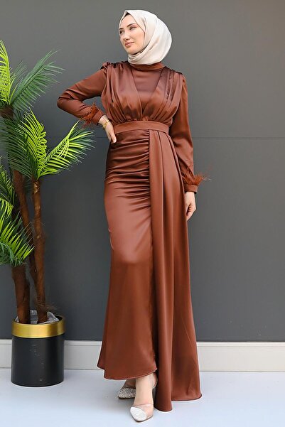 GİYZAMİLA Feathered Satin Hijab Dress Brown