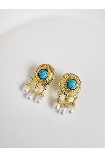 DEVİ fashion Vintage Turquoise Pearl Earrings 3 cm