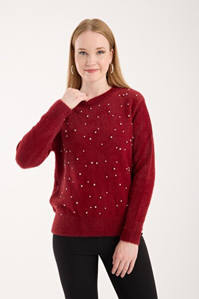 Moda Days Women's Burgundy Crew Neck Stone and Pearl Embroidered Knitwear Sweater