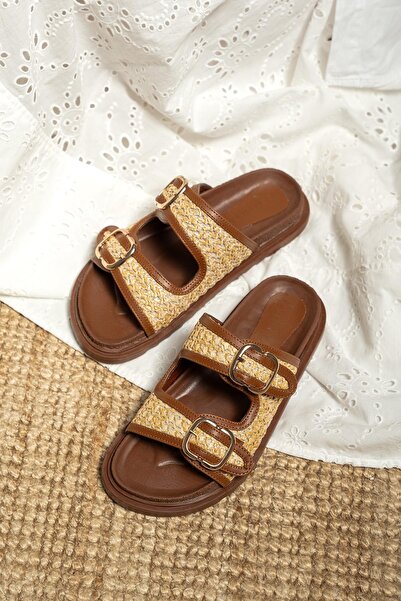 LamintaGlobal Bred Taba Straw Detailed Buckle Thick Sole Women's Slippers