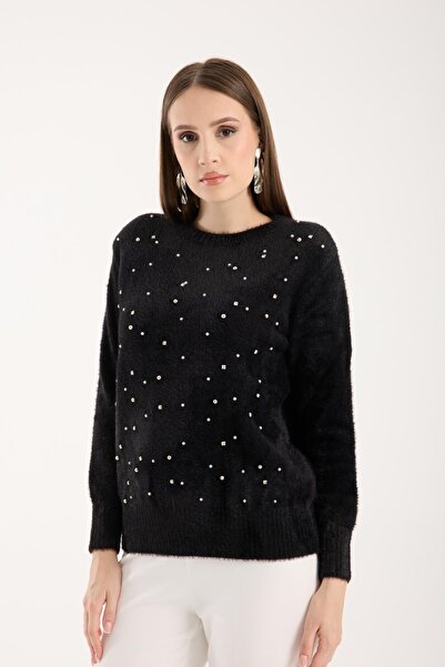Moda Days Women's Black Crew Neck Stone and Pearl Embroidered Knitwear Sweater