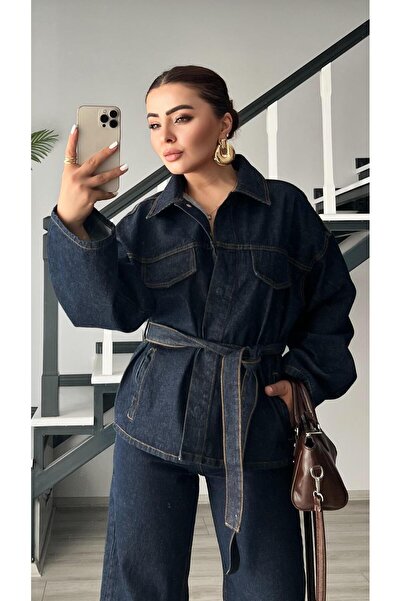 Oslove Lacivert Marka Model Belden Bağlamalı Denim Takım