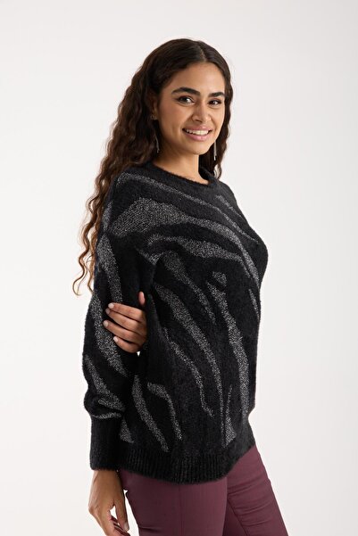 Moda Days Women's Black Glitter Crew Neck Balloon Sleeve Knit Sweater