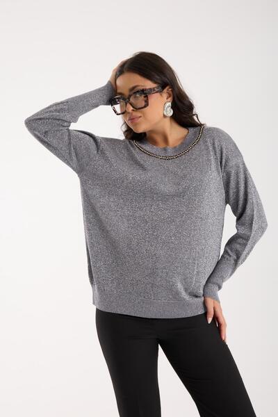 Moda Days Women's Gray Crew Neck Stone Stripe Glitter Knit Sweater
