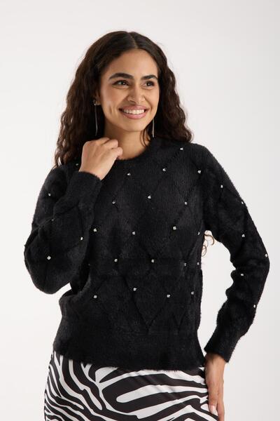 Moda Days Women's Black Crew Neck Stone Embroidered Knitwear Sweater