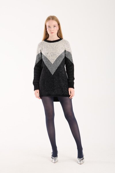 Moda Days Women's Black Two-Tone Crew Neck Glitter Knit Sweater