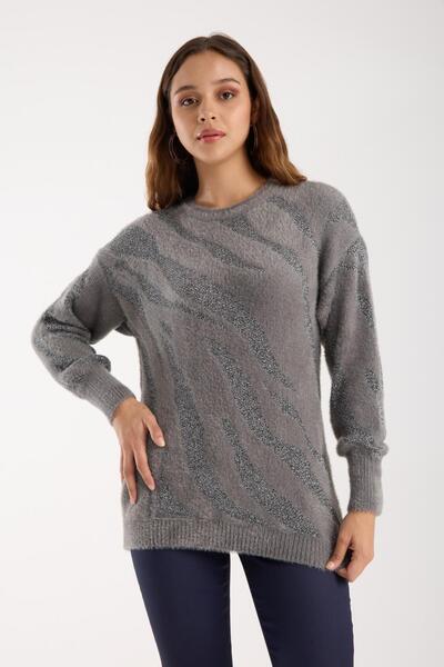 Moda Days Women's Gray Glitter Crew Neck Balloon Sleeve Knit Sweater
