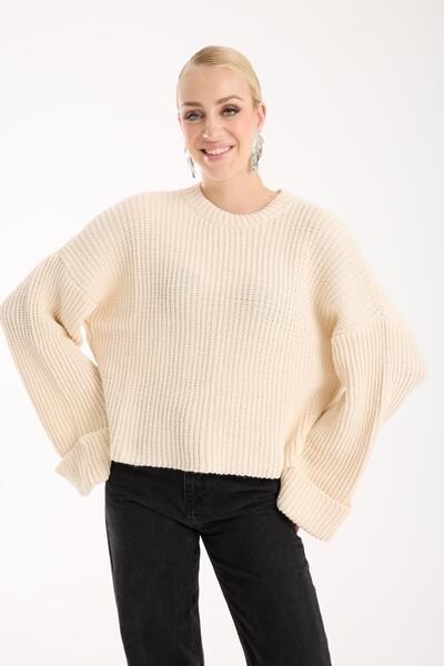 Moda Days Women's Ecru Glitter Crew Neck Thessaloniki Knitwear Sweater