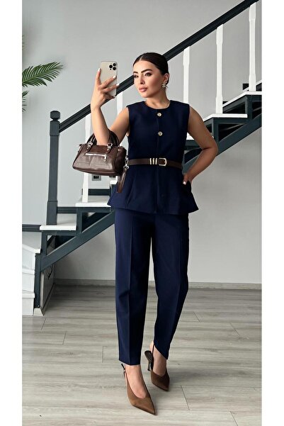 Oslove Navy Blue Belted Double Crepe Trousers