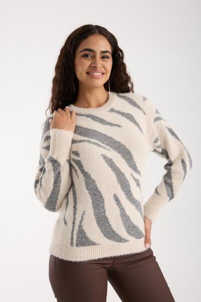 Moda Days Women's Ecru Glitter Crew Neck Balloon Sleeve Knit Sweater