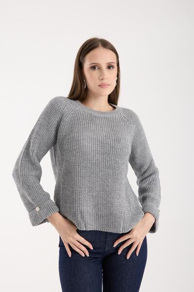 Moda Days Women's Gray Glitter Crew Neck Raglan Sleeve Single Button Cuffed Knit Sweater