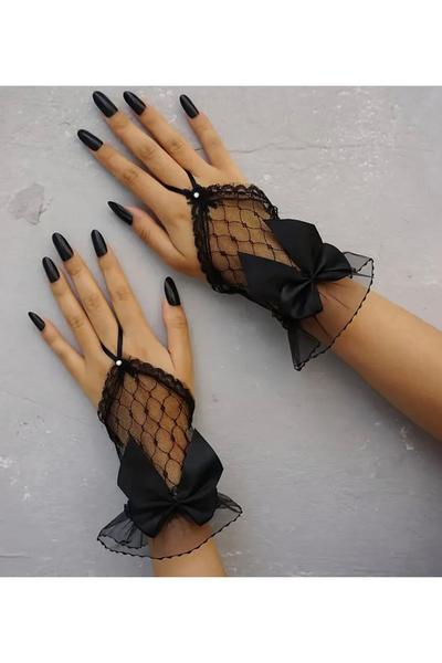NISHPOINT SİYAH DANTEL İNCİ DETAYLI YARIM PARMAKSIZ ELDİVEN