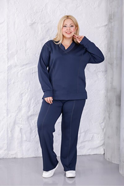 Siyezen Plus Size V-Neck Nevtur Stitching Detailed Modal Set