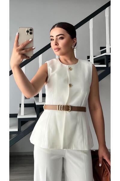 Oslove White Belted Gold Button Double Crepe Vest