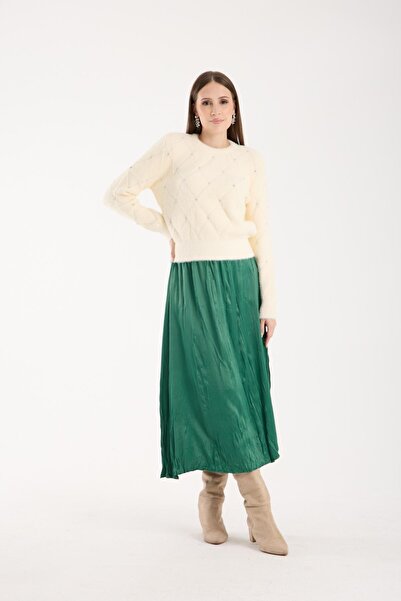 Moda Days Women's Ecru Crew Neck Stone Embroidered Knit Sweater