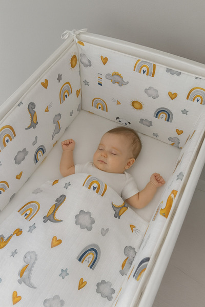 Jaju Baby واقي جانبي للسرير من قماش الموسلين على شكل ديناصور مقاس 60 × 120 سم (4 حواف) مصنوع من قماش قطني 100% لحماية حواف السرير مقاس 60*120