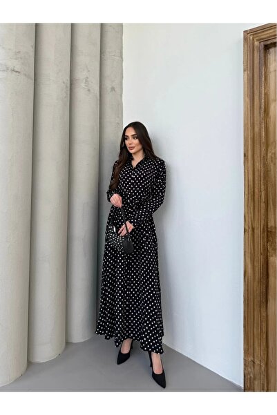 diloş butik فستان قميص بحزام بنمط منقط