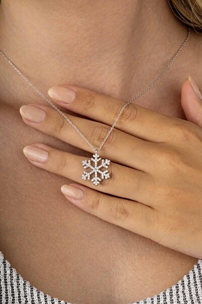 Gümüş Pazarım Beyaz Altın Kaplama 925 Ayar Gümüş Kar Tanesi Kadın Gümüş Kolye