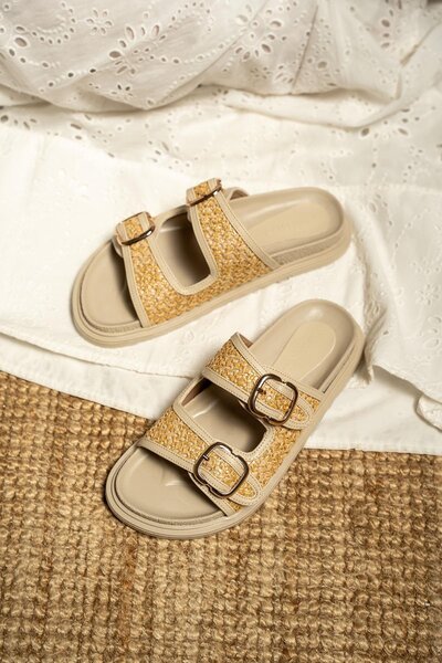 LamintaGlobal Bred Beige Straw Detailed Buckle Thick Sole Women's Slippers