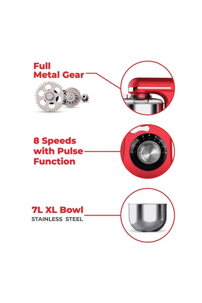 Muller Kitchen Multi-Function Stand Mixer 1300W with 8 Speeds, 7L Capacity, Multiple Accessories - MK-6039