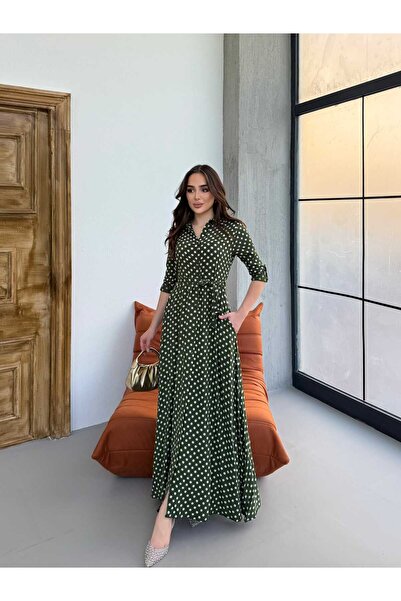 diloş butik Puantiye Desen Kuşaklı Gömlek Elbise