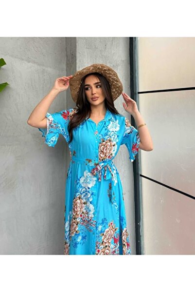 diloş butik Çiçek Desen Mavi Midiboy Kuşaklı Gömlek Elbise