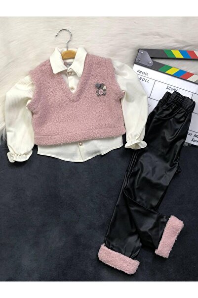 zavera for kids Girl's Two-Piece Set - Vest Shirt (One Piece) - Leather Pants - Stylish Winter Combination