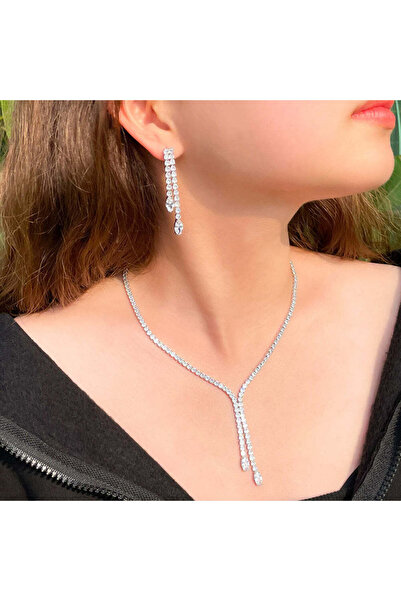 Flaner Paris Accessorize Zircon Kadın Kolye Küpe Seti Işıltılı Zarif Gümüş ka...