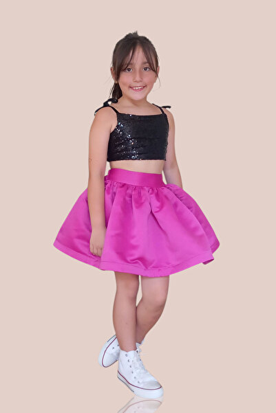 GİST KIZ ÇOCUK SİYAH ARKADAN BAĞLAMALI ASKILI PULLU CROP FUŞYA SATEN ETEK ABİ...