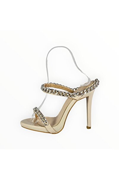 Vadodara Sandale cu Toc Dama Luxe To Kill Piele Ecologica Bej Lant Metalic Argintiu - Marimea 38