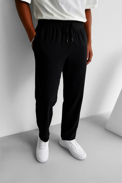 COMBİNE MİCHAİL Men's Elastic Waist Black Loose Linen Trousers