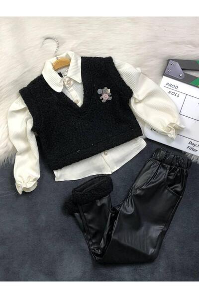 zavera for kids Girl's Two-Piece Set - Vest Shirt (One Piece) - Leather Pants - Stylish Winter Combination