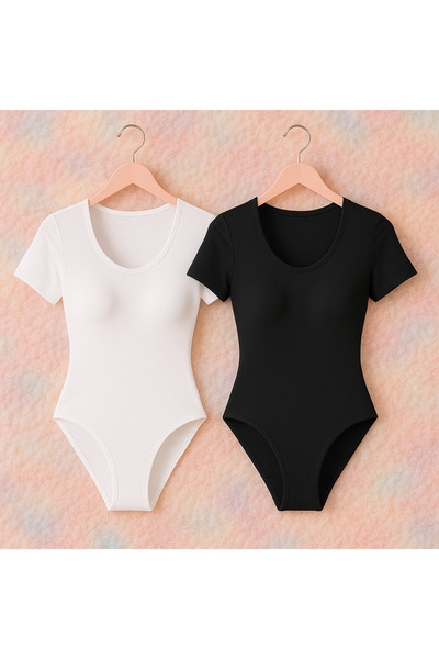 ROZELT Women's Cotton Short Sleeve Black-White 2-Piece Snap-On Bodysuit