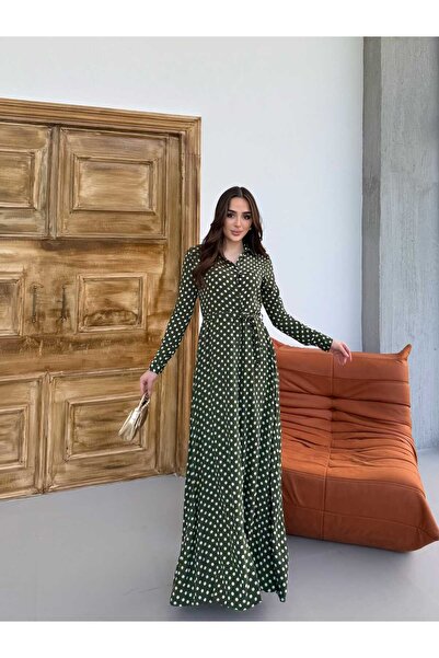diloş butik Puantiye Desen Kuşaklı Gömlek Elbise