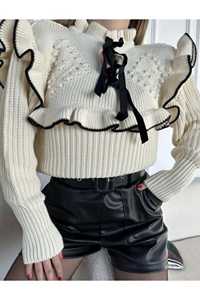 Icon Kadın Ekru Fırfırlı Detay Selanik Örgü Kazak